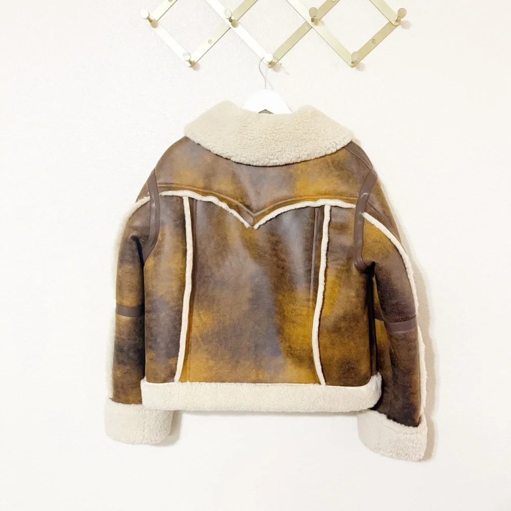 Stand Studio Lessie Faux Leather & Shearling Brown Cream Jacket size 36/US 4 NEW - Picture 8 of 12